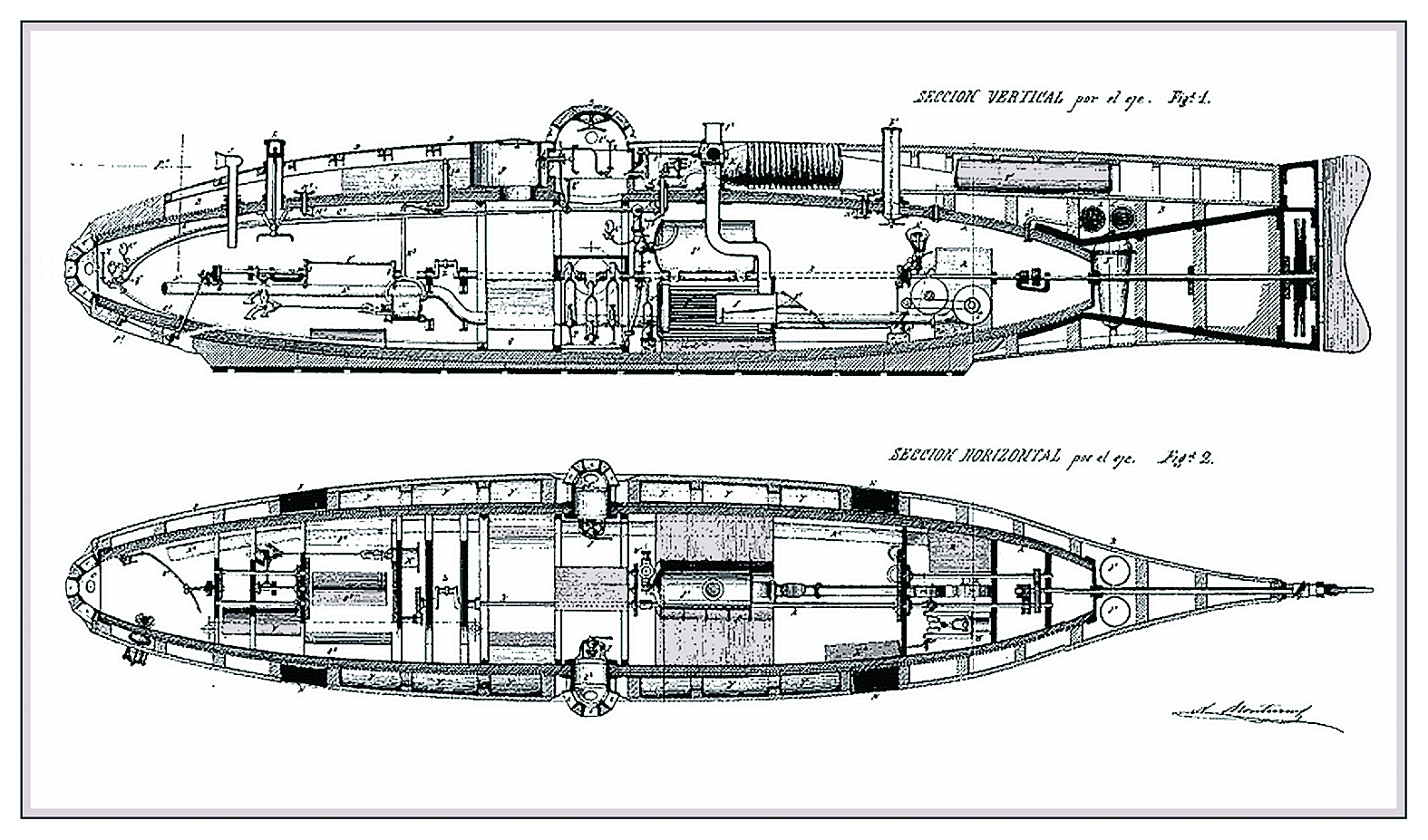 Een doorsnede van een Franse stoom-duikboot met de stoomketel, voorzien van een zigzag schoorsteen,  centraal in het schip. De stoommachine bevindt zich erachter.