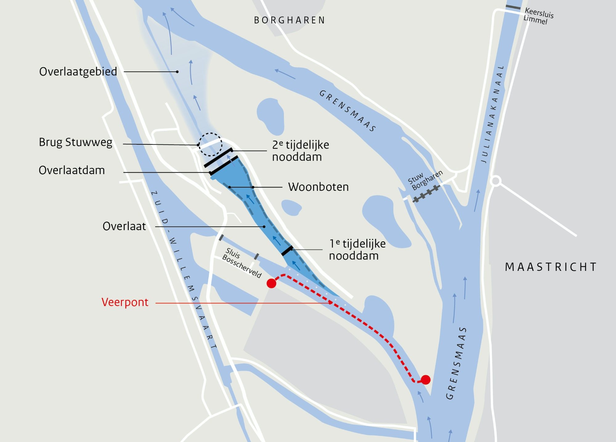 Kaart met sluis Bosscherveld en de situatie sinds de beschadigde overlaat in Maastricht door hoogwater